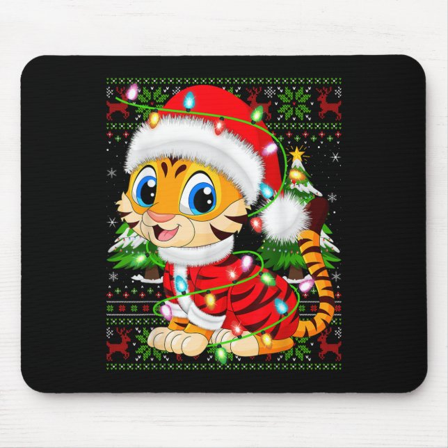 Tiger Xmas Sweater Style Ugly Santa Tiger Christma Mouse Mat (Front)