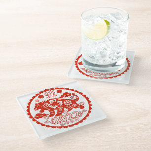 Tiger Year Chinese Fork Art Paper Cutting Pattern  Glass Coaster