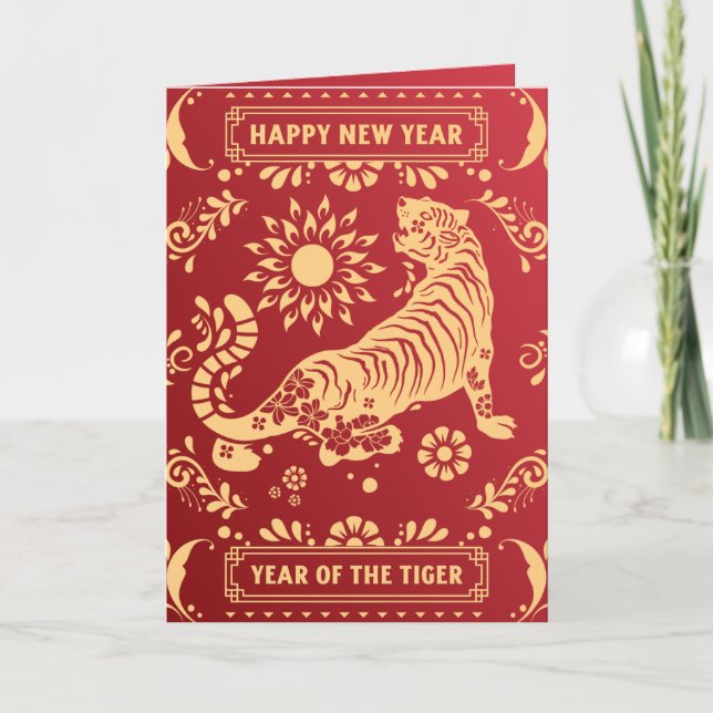 Tiger Zodiac &Sun Red Chinese New Year Tet Holiday Card (Front)