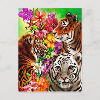 Tigers and Flowers Beautiful Jungle Artwork Postcard