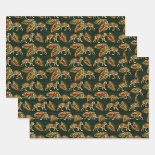 Tigers and Leaves on Green Wrapping Paper Sheet
