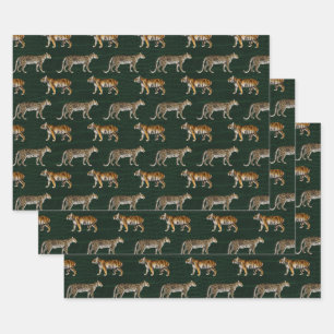 Tigers and Leopards on Green Wrapping Paper Sheet