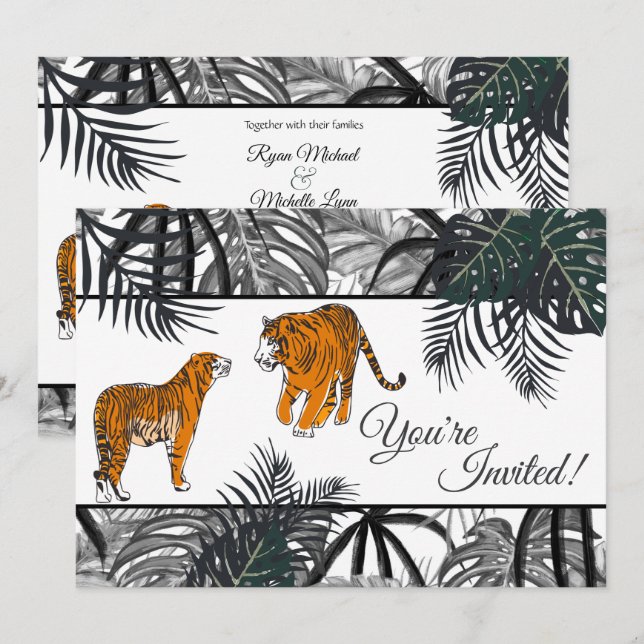 Tigers and Palm Fronds Tropical Jungle Wedding Invitation (Front/Back)