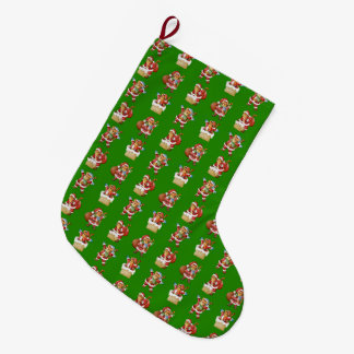 Tigers as Santa Christmas repeating pattern design Large Christmas Stocking