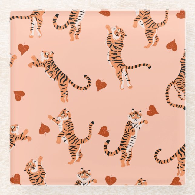 Tigers Autumn Leaves: Vintage Jumping Pattern Glass Coaster (Front)