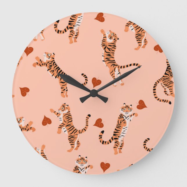Tigers Autumn Leaves: Vintage Jumping Pattern Large Clock (Front)