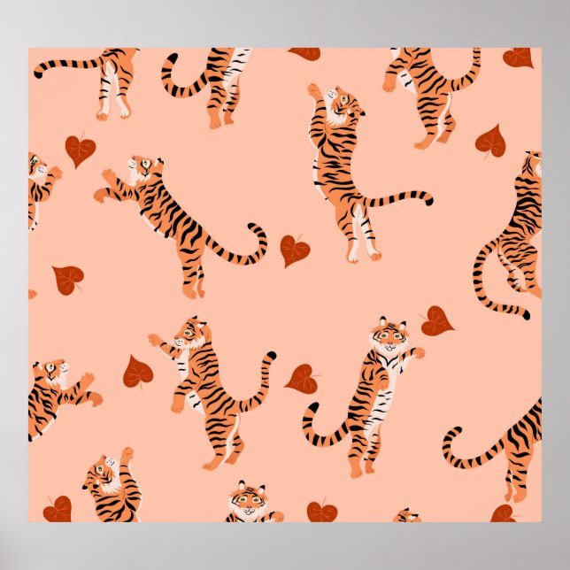 Tigers Autumn Leaves: Vintage Jumping Pattern Poster (Front)