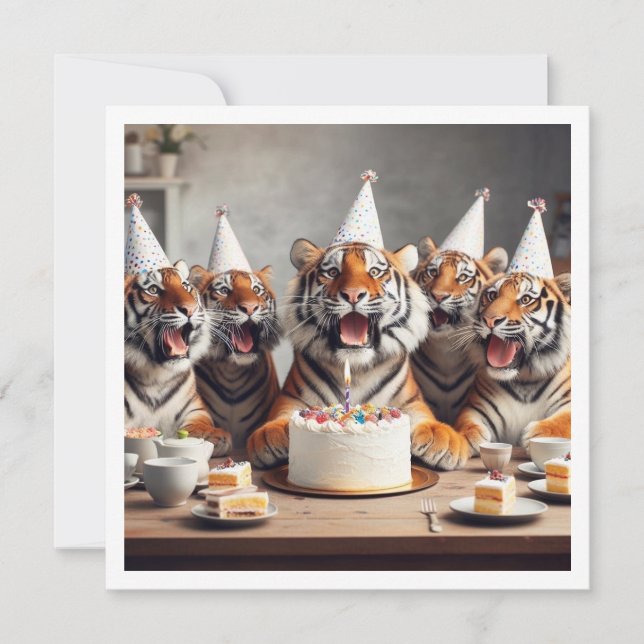 Tigers celebrating, tiger picture birthday invitation (Front)