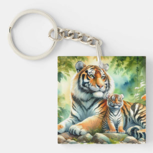 Tigers in a Lush Jungle Paradise Painting Key Ring