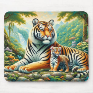 Tigers in a Lush Jungle Paradise Painting Mouse Mat