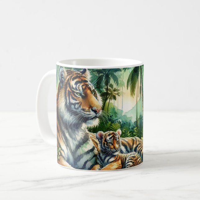 Tigers in a Lush Jungle Watercolor Painting Coffee Mug (Front Left)