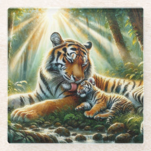 Tigers in a Lush Jungle Watercolor Painting Glass Coaster