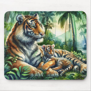 Tigers in a Lush Jungle Watercolor Painting Mouse Mat