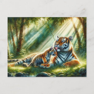 Tigers in Sunlit Forest Painting Postcard