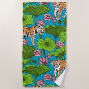 Tigers in the pink lotus pond beach towel