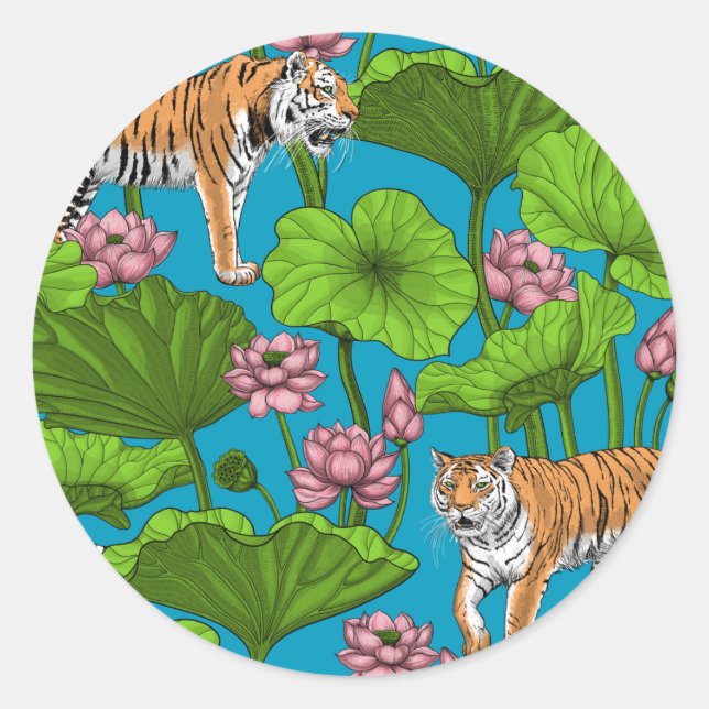 Tigers in the pink lotus pond classic round sticker (Front)