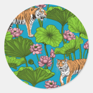 Tigers in the pink lotus pond classic round sticker