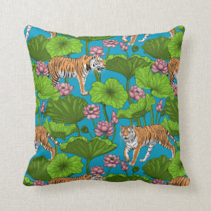 Tigers in the pink lotus pond cushion