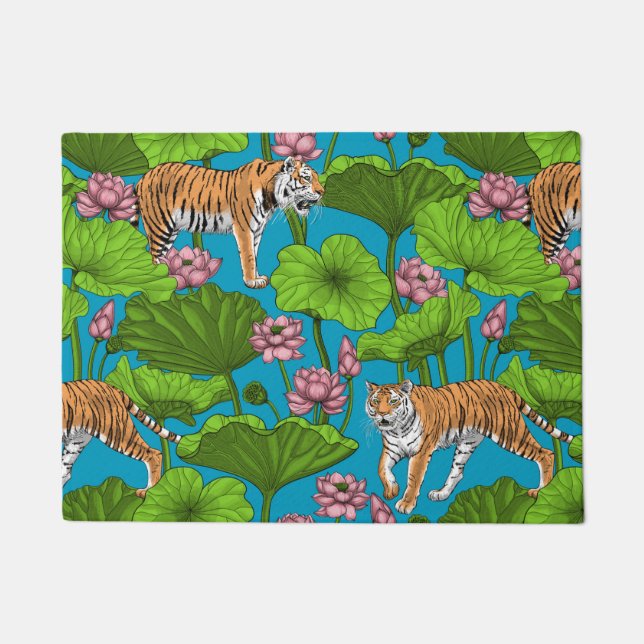 Tigers in the pink lotus pond doormat (Front)