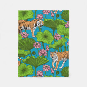 Tigers in the pink lotus pond fleece blanket