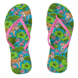 Tigers in the pink lotus pond flip flops