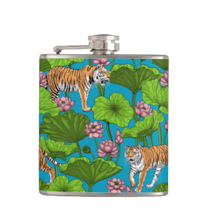 Tigers in the pink lotus pond hip flask