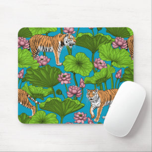 Tigers in the pink lotus pond mouse mat