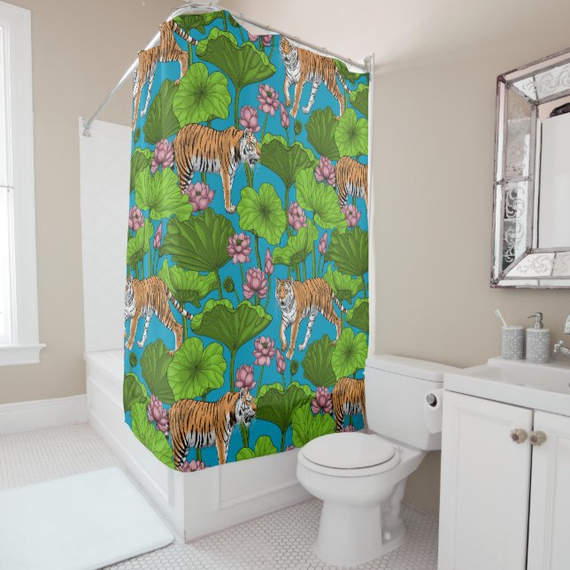 Tigers in the pink lotus pond shower curtain (In Situ)