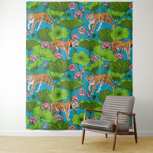 Tigers in the pink lotus pond tapestry (In Situ)