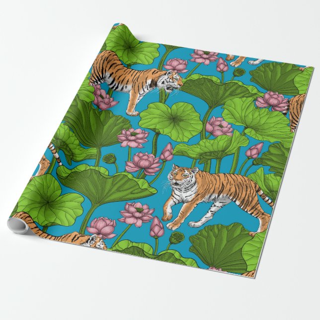 Tigers in the pink lotus pond wrapping paper (Unrolled)