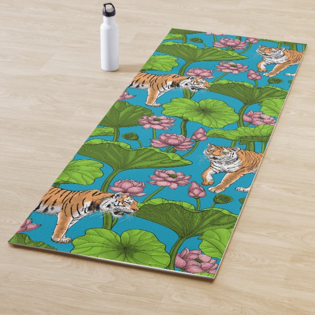 Tigers in the pink lotus pond yoga mat (In Situ)