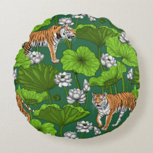 Tigers in the white lotus pond round cushion