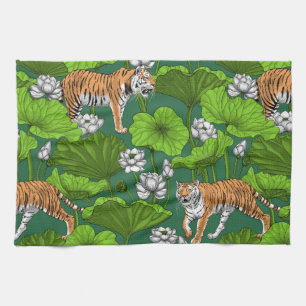 Tigers in the white lotus pond tea towel