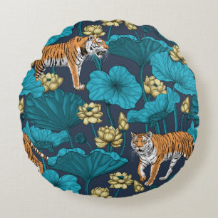 Tigers in the yellow lotus pond round cushion