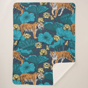 Tigers in the yellow lotus pond sherpa blanket