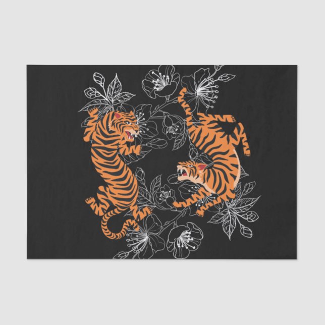 Tigers Japanese Art Style Black Background Tissue Paper (Front)