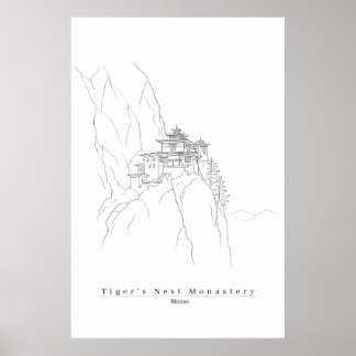 Tiger's Nest Bhutan Minimalist Line Art Paro Takts Poster