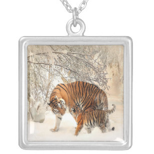 tigers on snow silver plated necklace