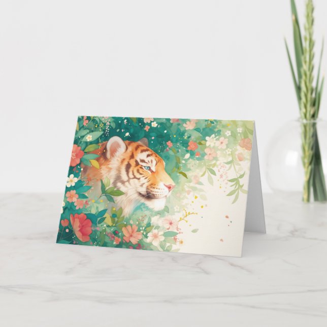 Tiger's Tranquil Retreat Among Blossoms Card (Front)