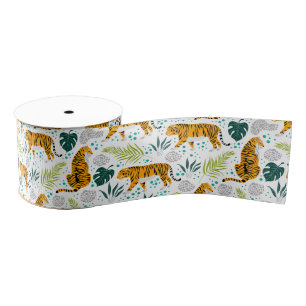 Tigers & Tropical Leaves Pattern Grosgrain Ribbon