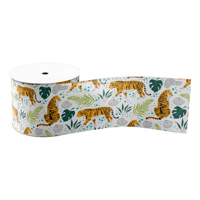 Tigers & Tropical Leaves Pattern Grosgrain Ribbon (Spool)