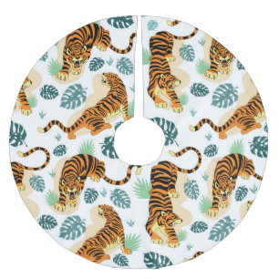 Tigers Tropical Leaves: Vintage Illustration. Brushed Polyester Tree Skirt