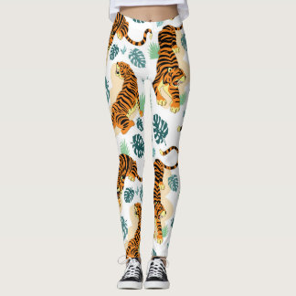 Tigers Tropical Leaves: Vintage Illustration. Leggings
