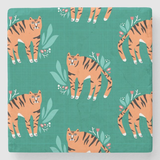 Tigers with flowers stone coaster (Front)