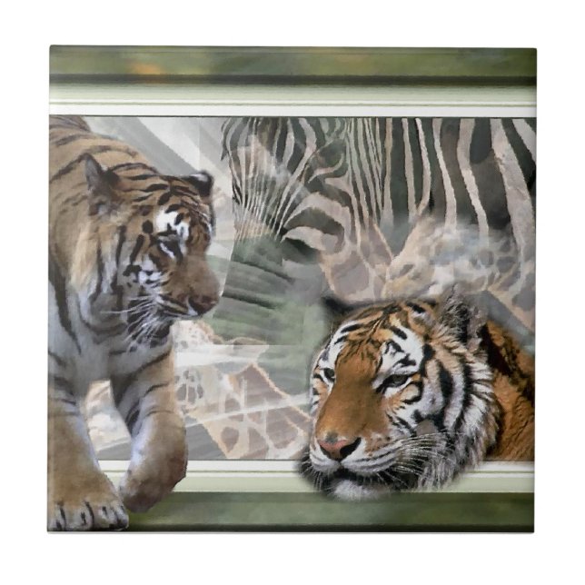 Tigers, Zebra,Giraffe, Primitive Jungle Tile (Front)