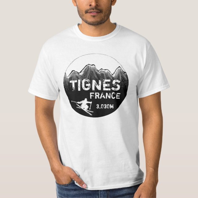 Tignes France black white ski art value tee (Front)