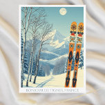 Tignes France ski vacation retro Postcard<br><div class="desc">Bonjour from the snowy mountains of Tignes,  France,  in Europe! We hope you're having a wonderful ski vacation. This postcard features a gorgeous blue-grey mountain landscape with retro ski boards in an orange tribal pattern.
All the text phrases can be customised to suit you!</div>
