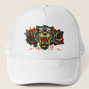 Tigre tattoo fleur rose old school trucker hat
