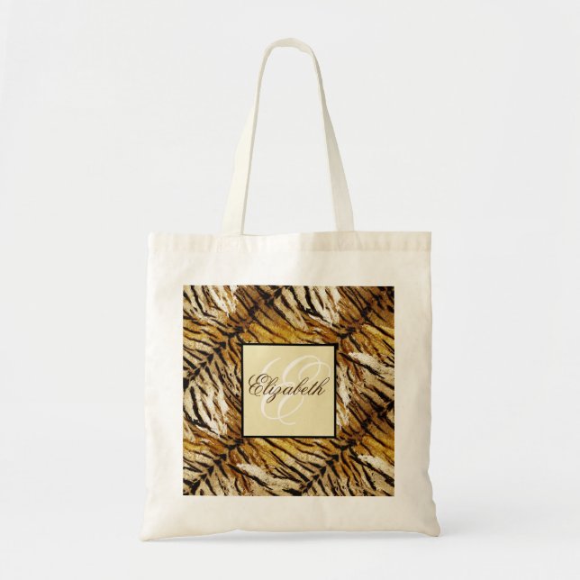 Tigskin, monogram, stylish, tiger, striped tote bag (Front)