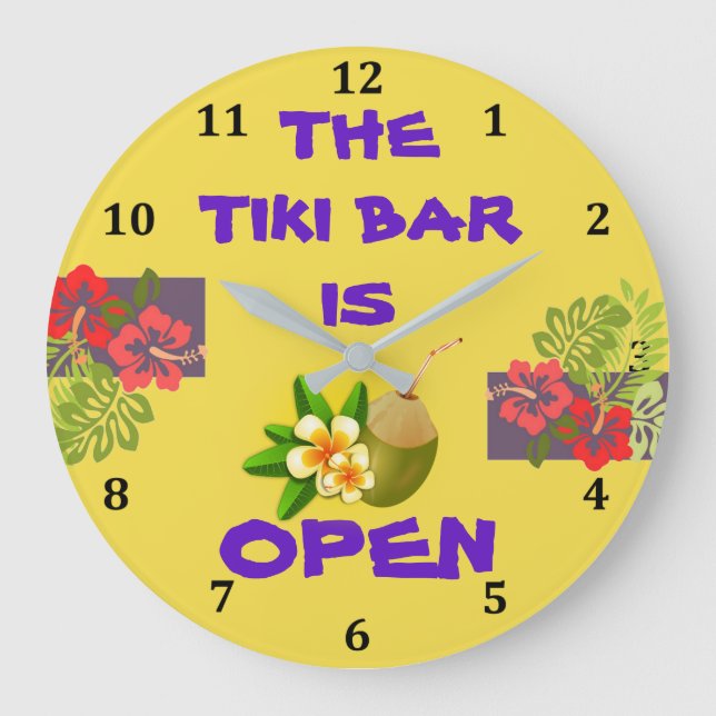 Tiki Bar Hut is Open Tropical Hibiscus Cocktail Large Clock (Front)